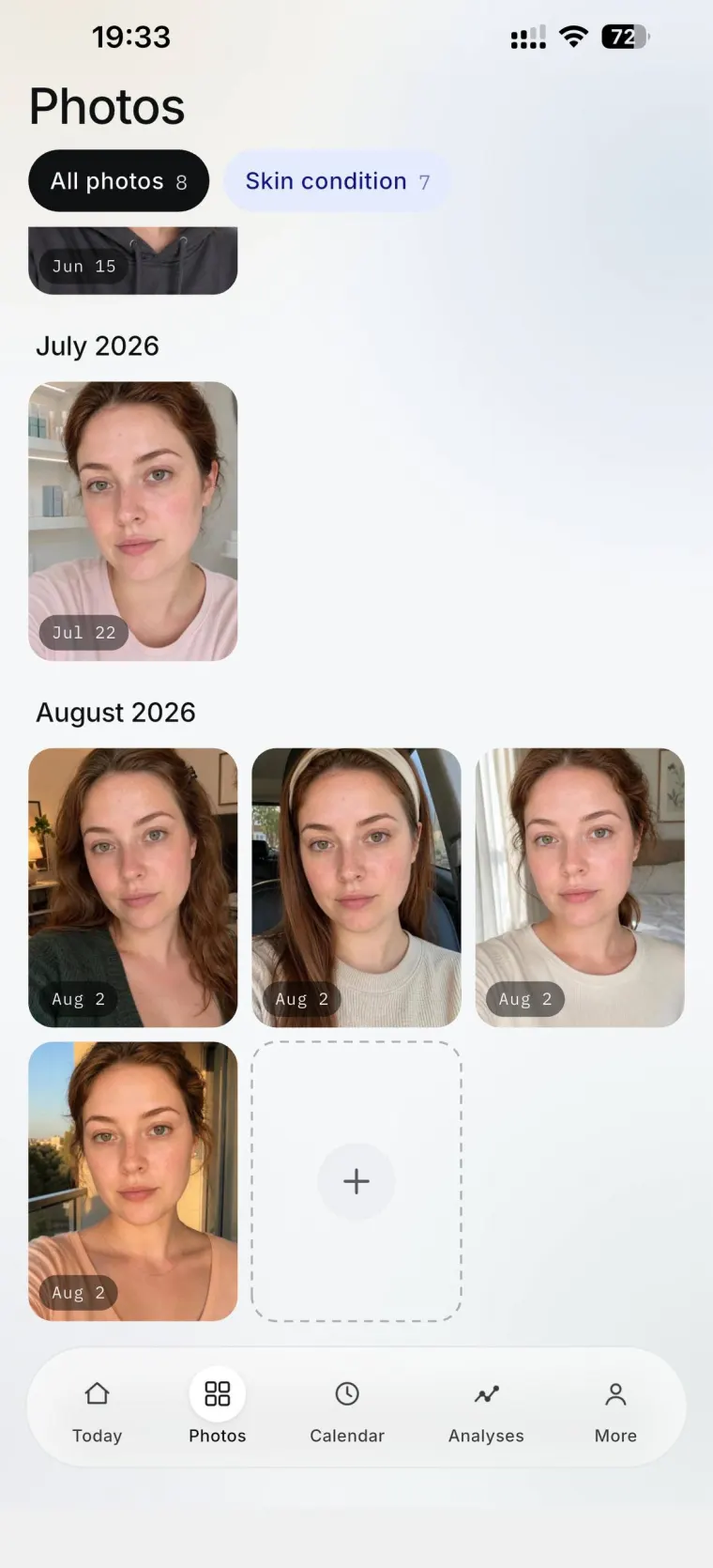 MorphTrack photo timeline, grouped by month